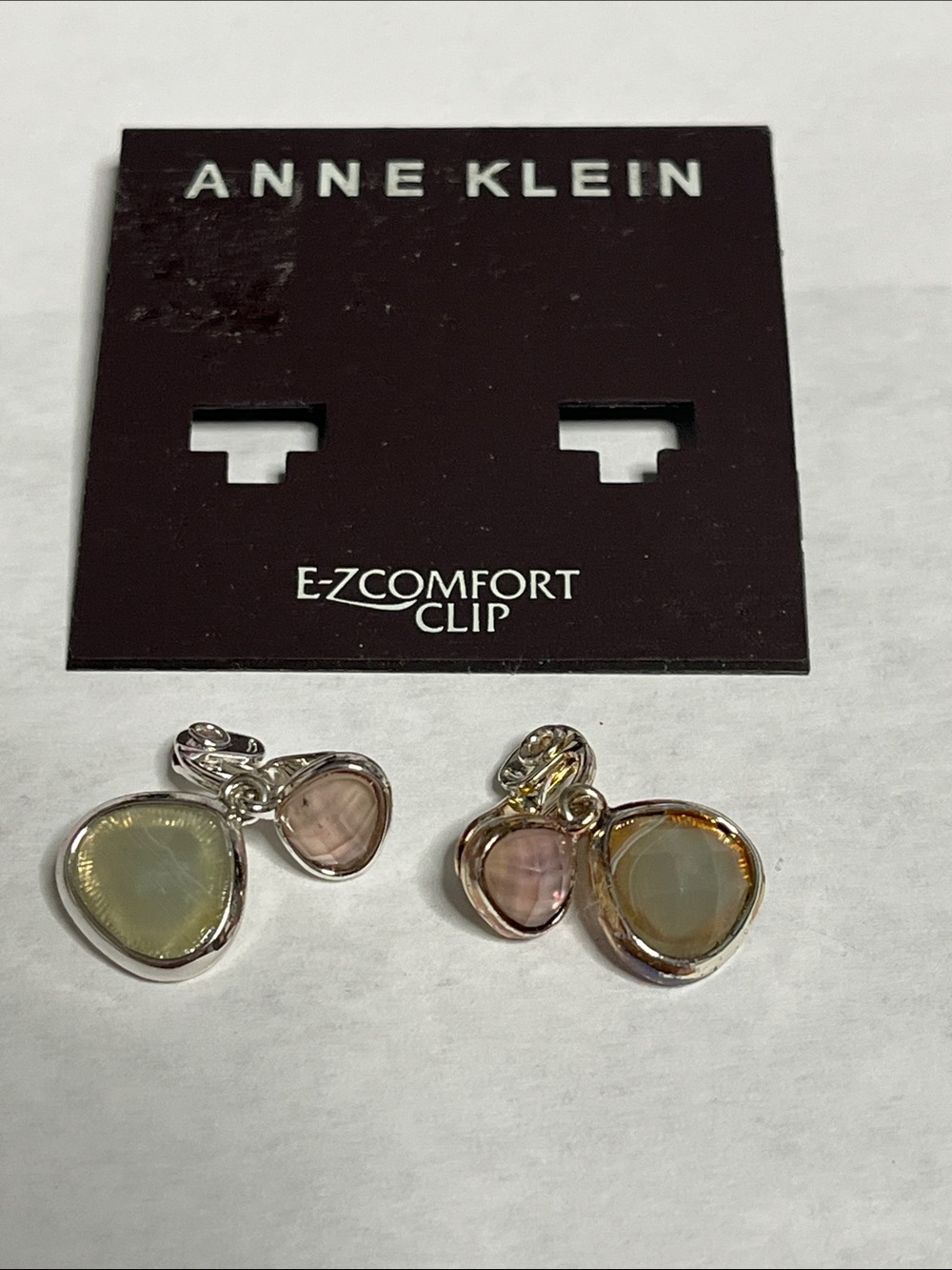 VTG Anne Klein Silver-Tone Double Stone Pink Pale Green Drop Clip Earrings 1"